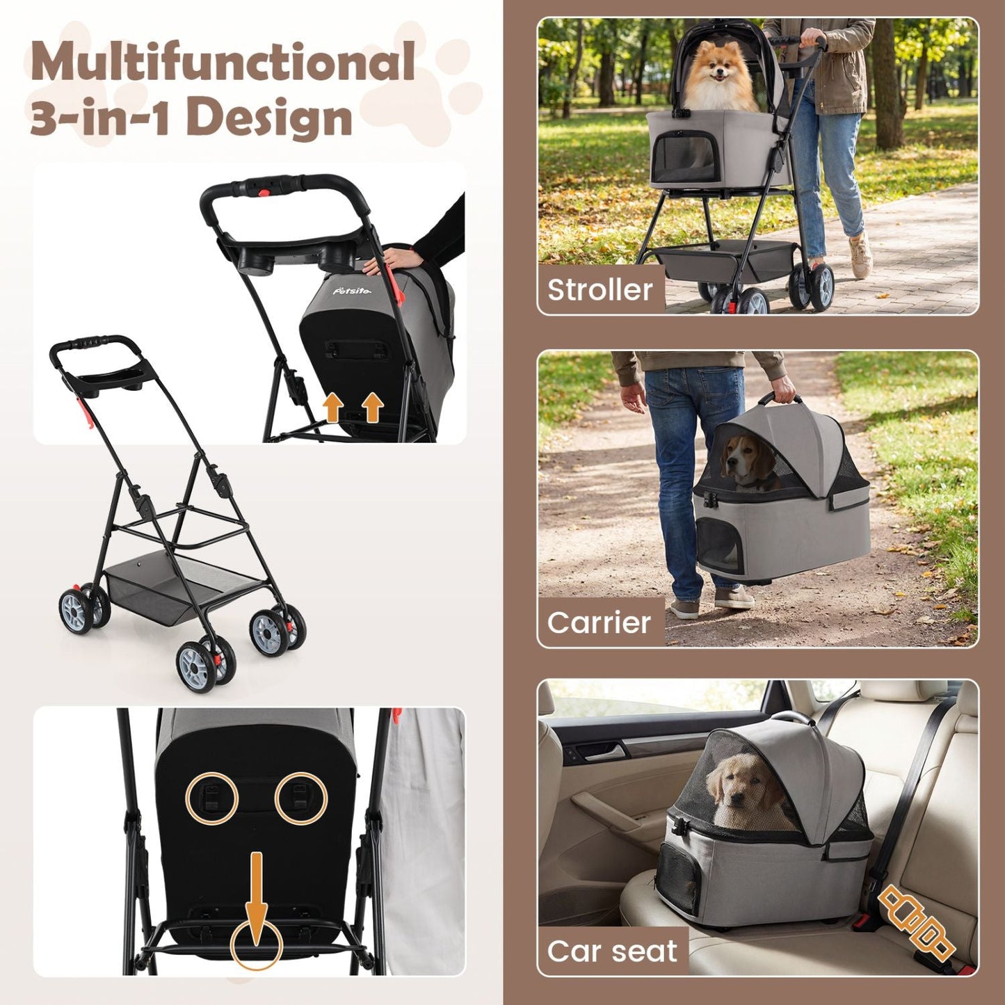 Pet Stroller with Removable Carrier